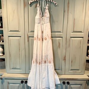 White Halter Maxi Dress with Floral Accents